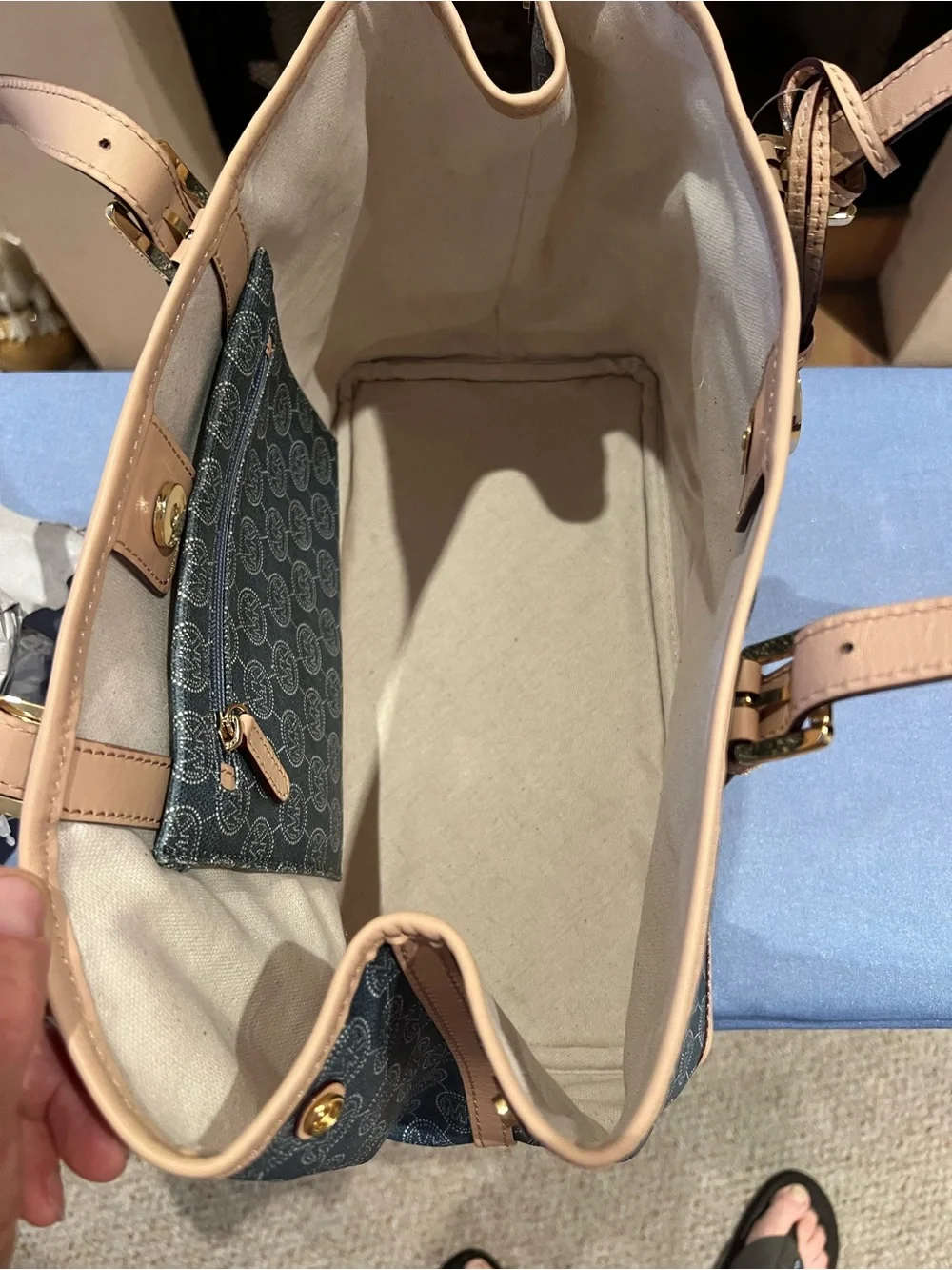 Michael Kors Blue Logo Canvas Tote with Tan Trim